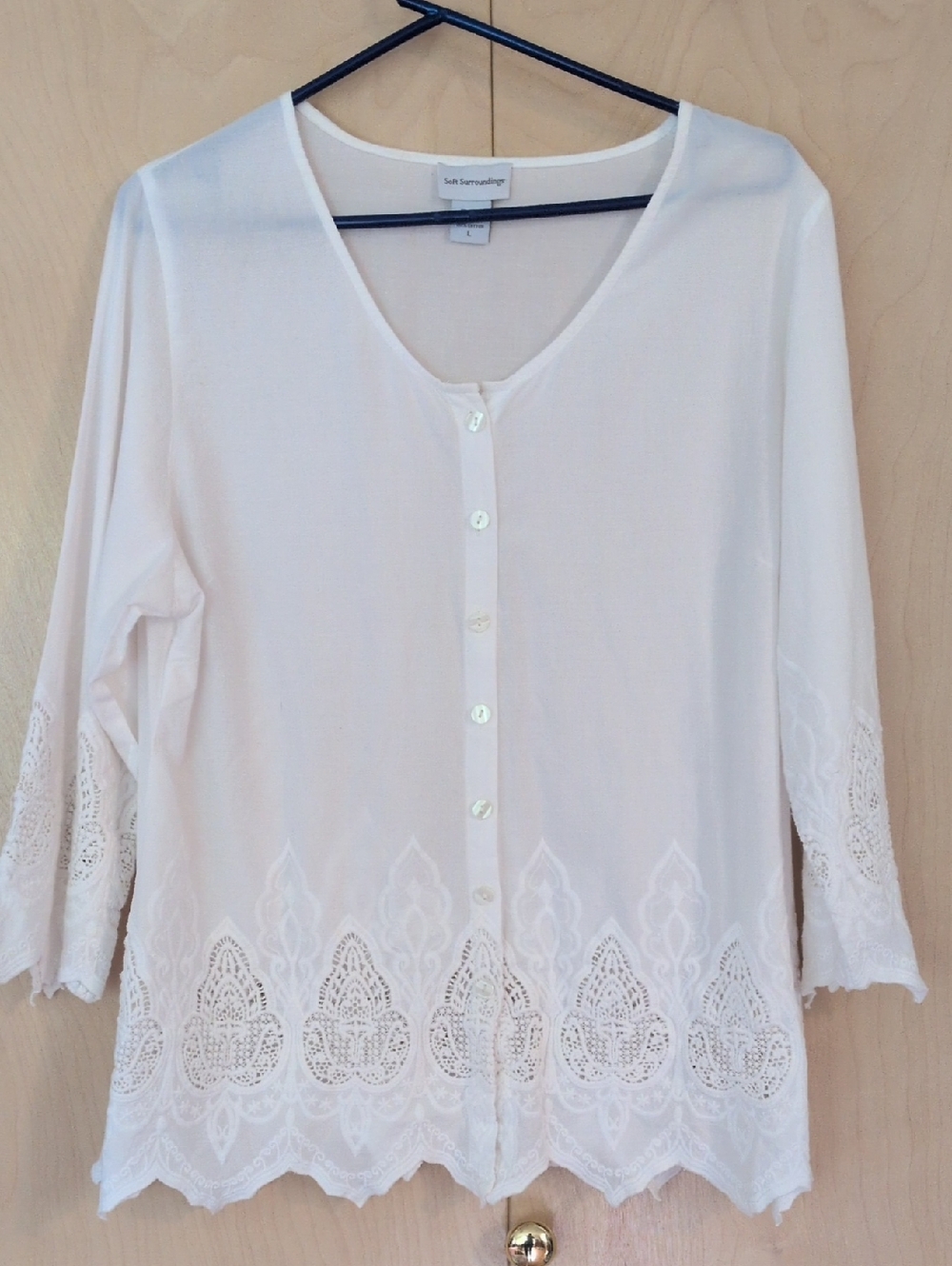 Soft Surroundings Cotton White Lace-Trim Button Front Blouse 3/4 Sleeve
